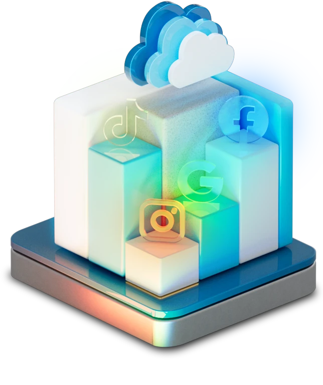 An isometric scene of social media logos in glass texture above columns