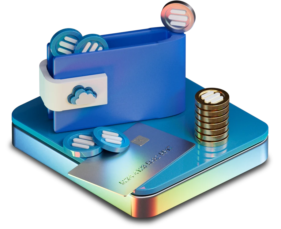Isometric composition of a fantasy wallet and coins above a metal column.